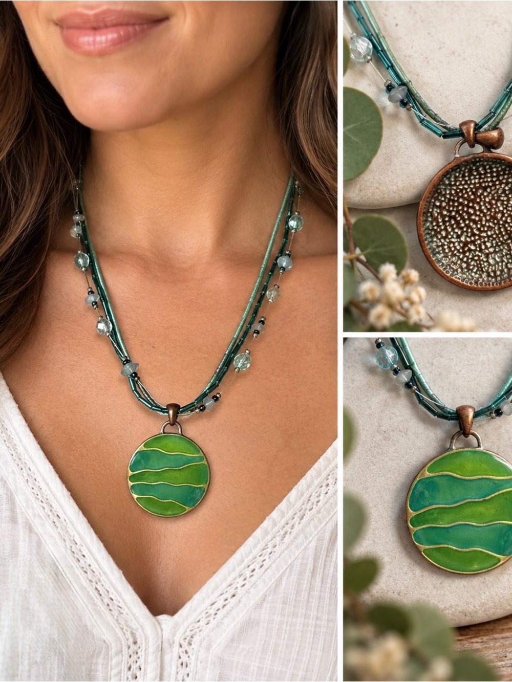 Kenneth Cole Green Layered Round Pendant Necklace